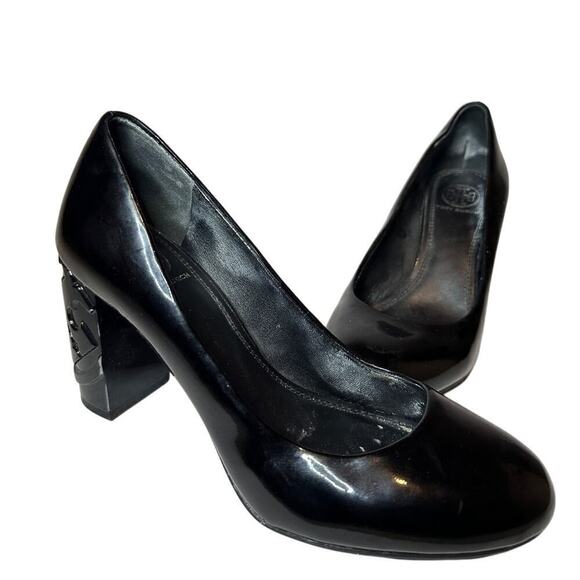 Tory Burch Size 6.5 Logo Black Patent Leather Pump Heels Workwear Office Siren - Picture 1 of 10